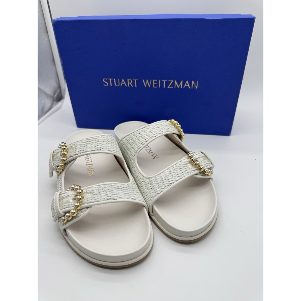 Stuart Weitzman Straw Piper Slides‎ Sandal With Pearl Details Sz. 8 AA